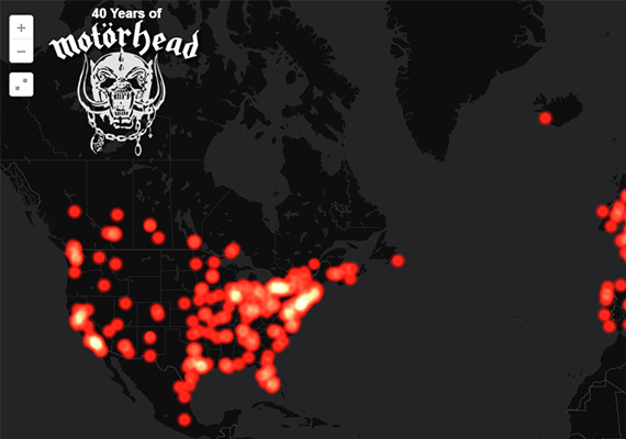 This time series map depicts 40 years of concerts by the band Motörhead. It is built with <a href='http://www.cartodb.com' target='_blank'>CartoDB</a>. Read more about the map in my blog post <a href='http://wesmapping.com/blog/watch-motorhead-invade-the-planet-1975-2015/' target='_blank'>here</a>.